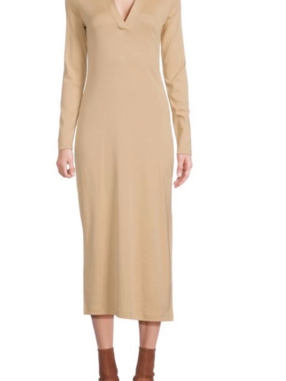 Vince Long Sleeve V-Neck Midi Dress in Beige